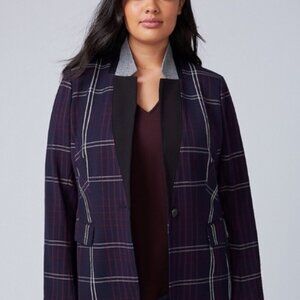 Lane Bryant Navy, White and Cherry Plaid Blazer with Pockets and Gray Collar